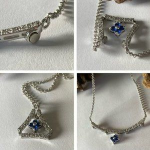 Sapphire blue flower dangle convertible silver tone necklace NEW!